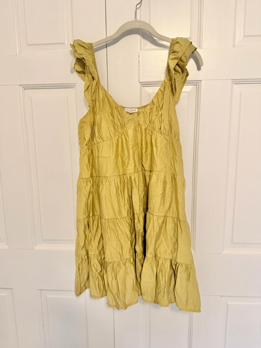 Blu Pepper Babydoll Mini Dress Large Olive Green Tiered Ruffle Boho Cottagecore - Picture 2 of 8